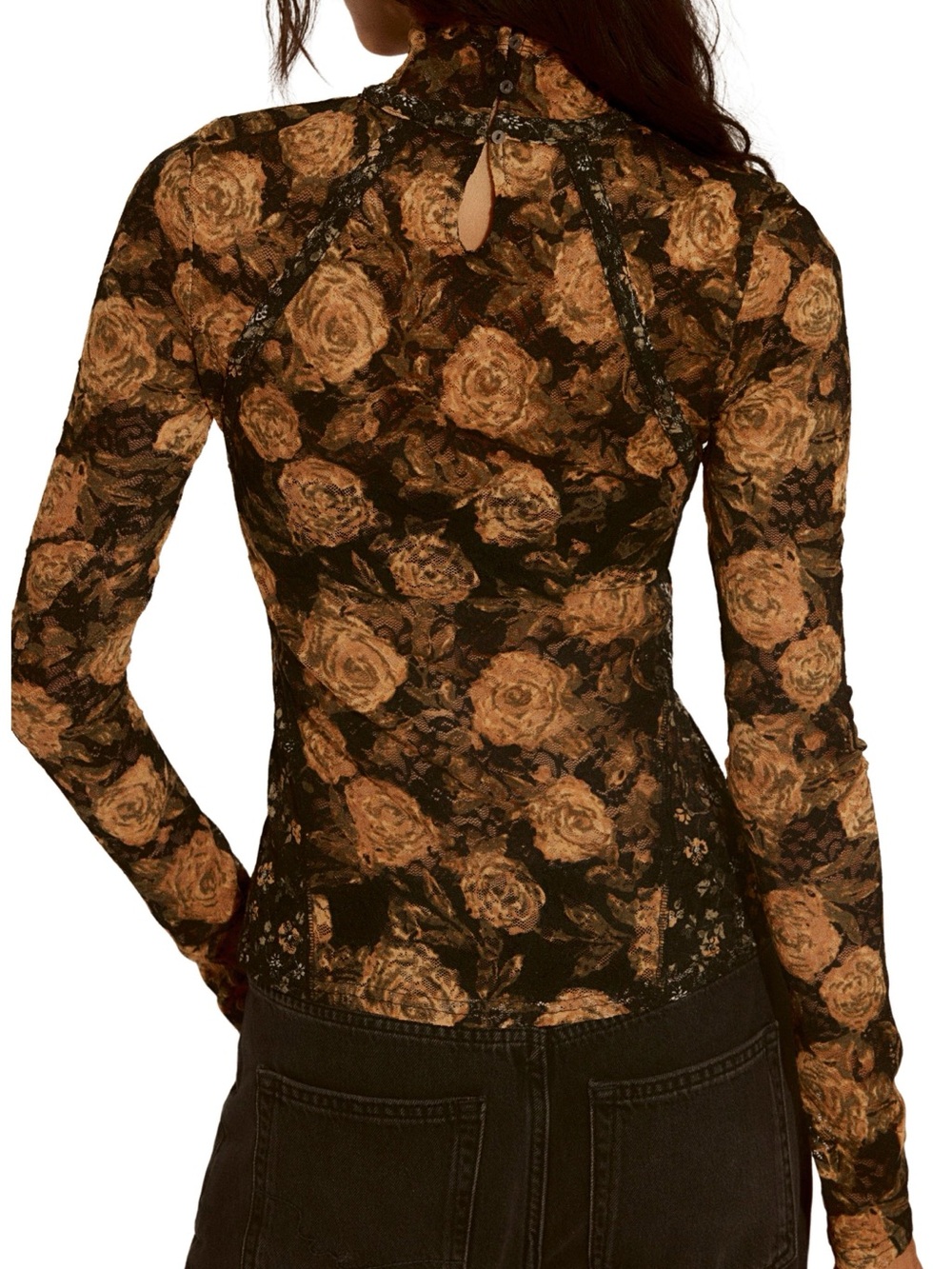 Free People Floral Lace Long-Sleeve Mock Neck Top - Black & Brown - Picture 2 of 5